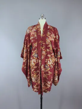 1920s Vintage Silk Haori Kimono Cardigan / Marsala Floral Print