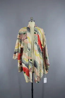 1930s Vintage Silk Haori Kimono Jacket Cardigan in Ivory & Grey Floral Print