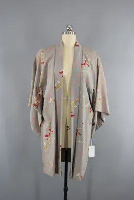 1940s Vintage Rayon Haori Kimono Jacket with Taupe Floral Print