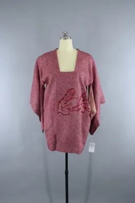 1950s Vintage Silk Kimono Michiyuki Kimono Coat in Cranberry Red Shibori