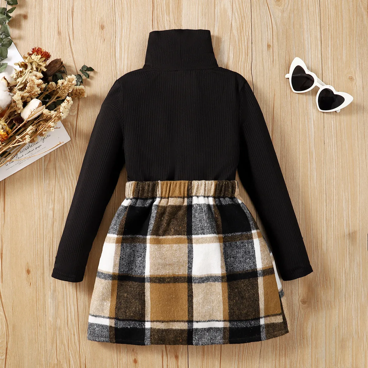 2pcs Kid Girl Turtleneck Long-sleeve Black Tee and Plaid Skirt Set