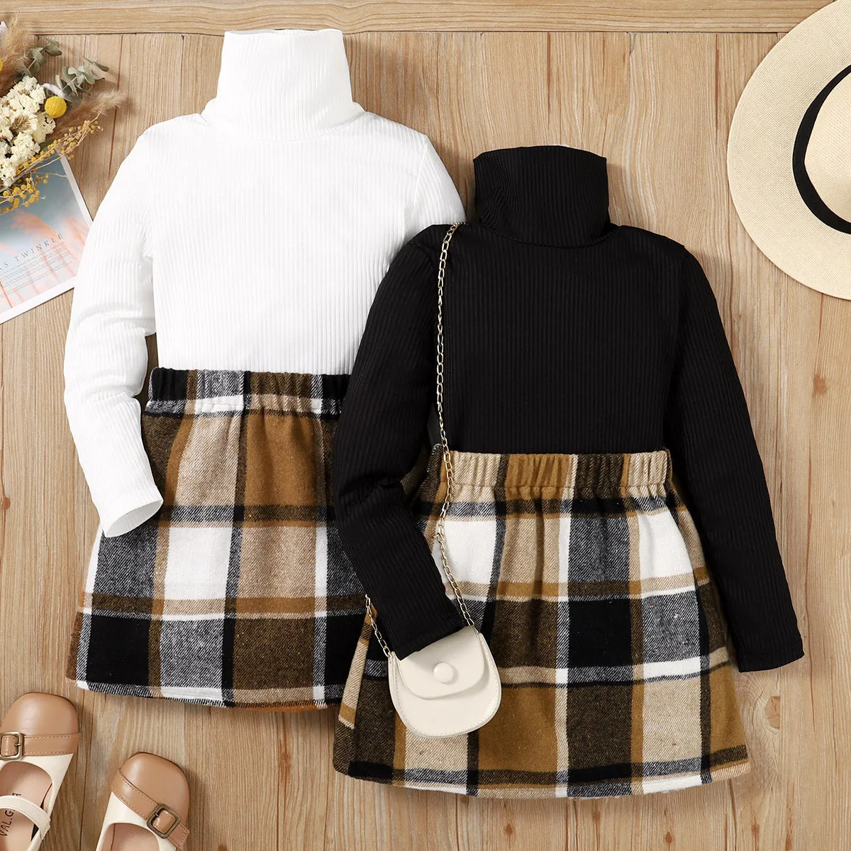 2pcs Kid Girl Turtleneck Long-sleeve Black Tee and Plaid Skirt Set
