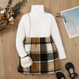 2pcs Kid Girl Turtleneck Long-sleeve Black Tee and Plaid Skirt Set