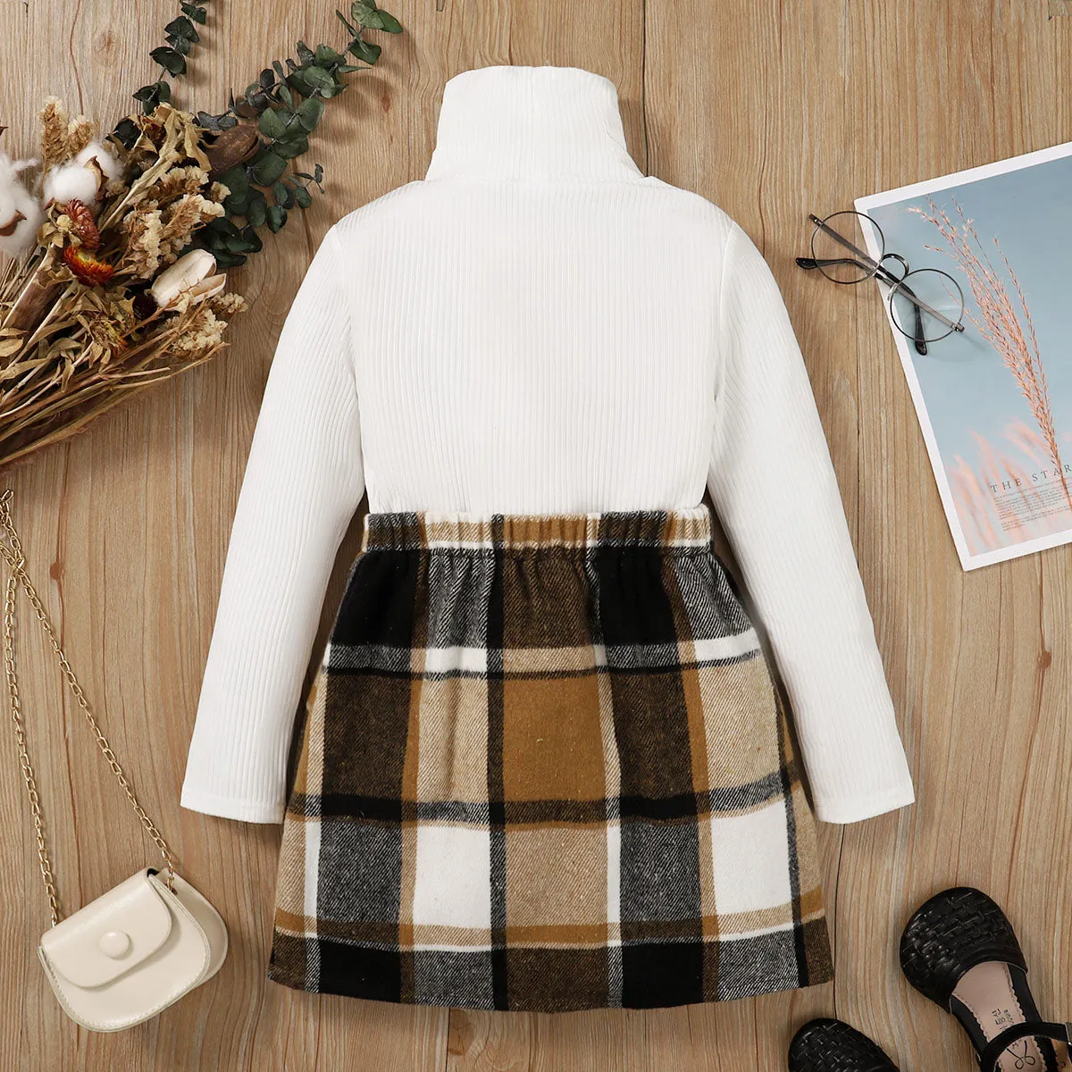 2pcs Kid Girl Turtleneck Long-sleeve Black Tee and Plaid Skirt Set