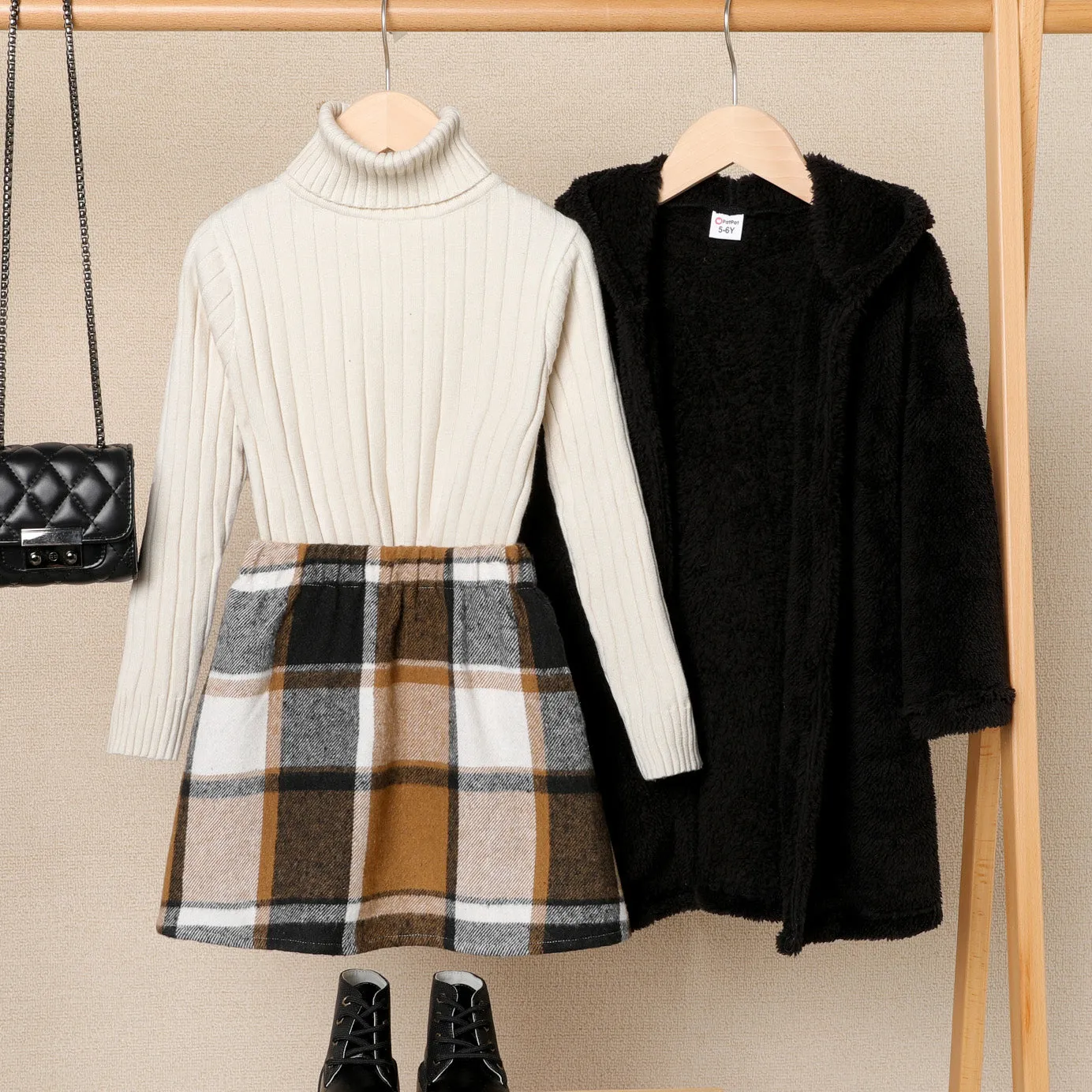 2pcs Kid Girl Turtleneck Long-sleeve Black Tee and Plaid Skirt Set