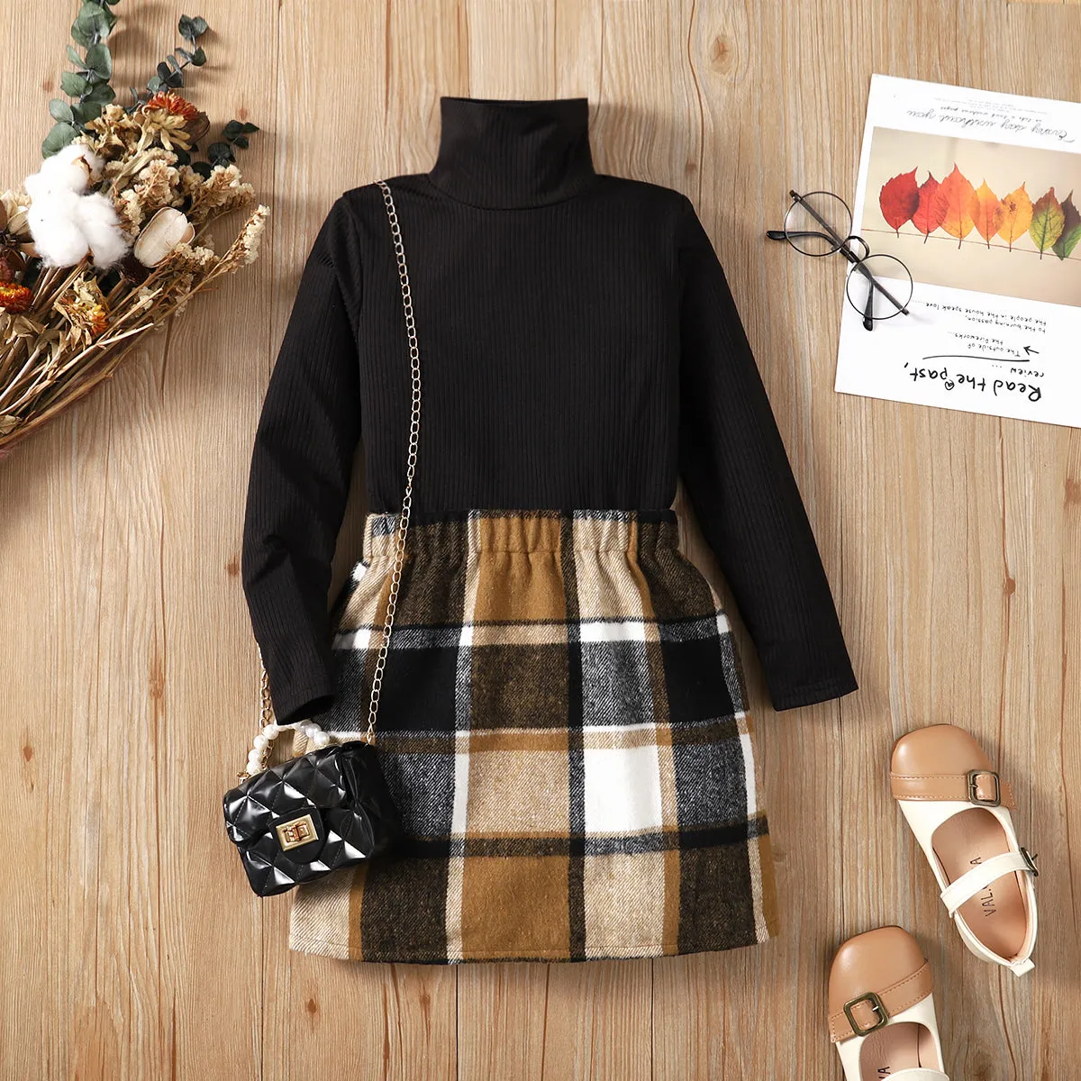 2pcs Kid Girl Turtleneck Long-sleeve Black Tee and Plaid Skirt Set