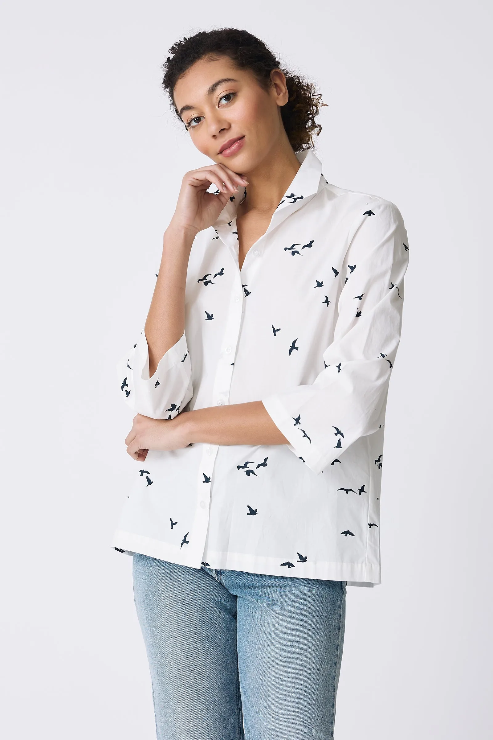 3/4 Sleeve Ginna - Bird Print (White)