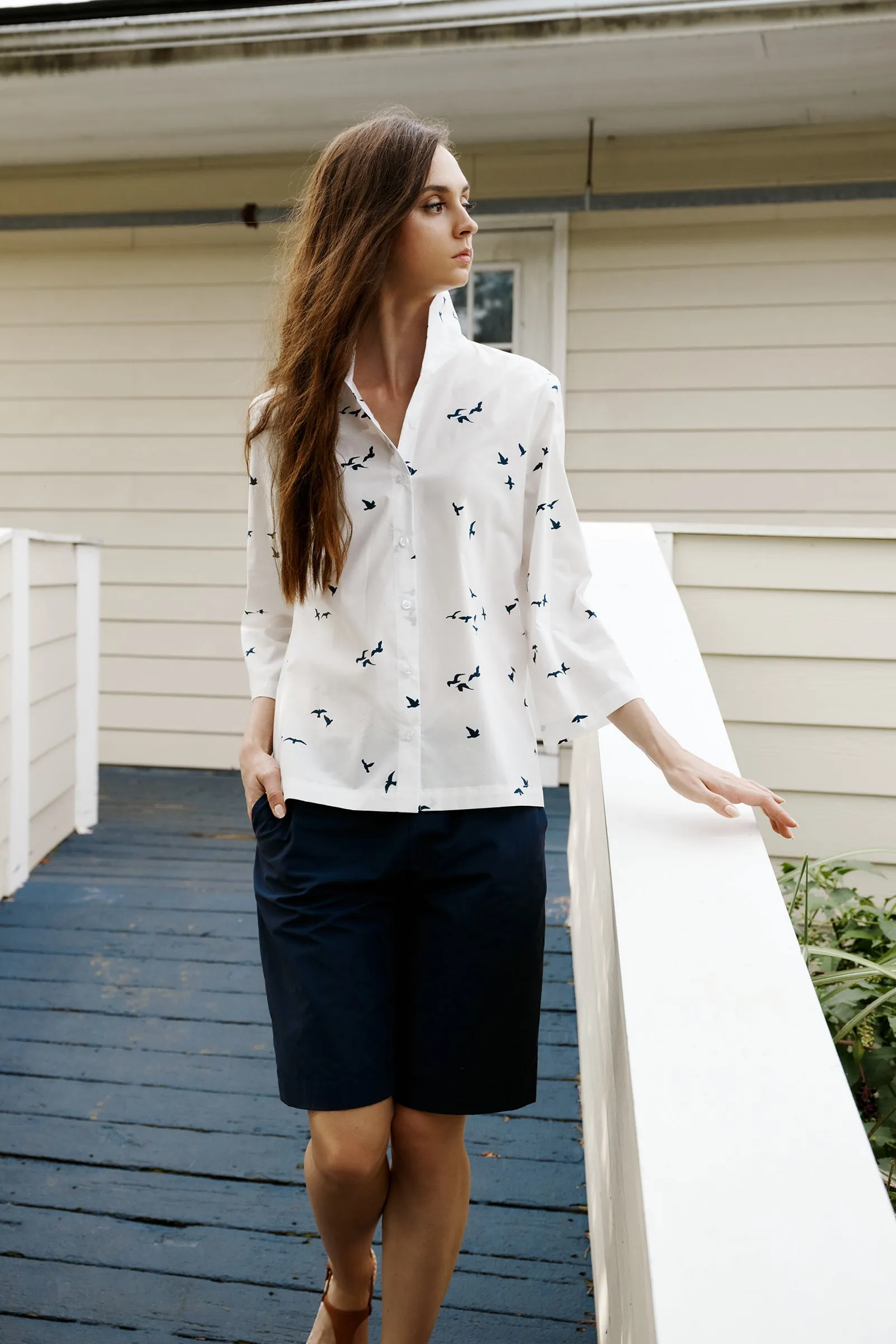 3/4 Sleeve Ginna - Bird Print (White)