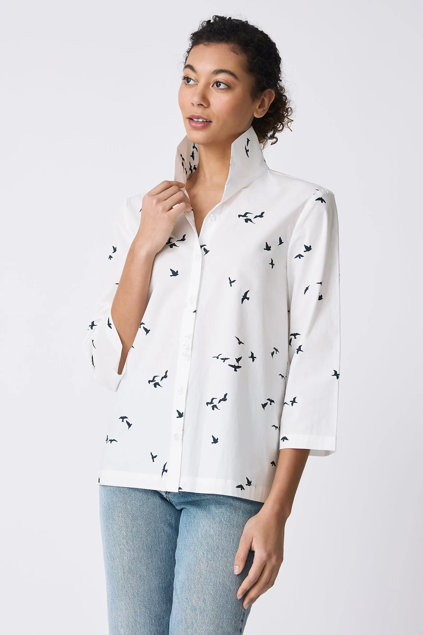 3/4 Sleeve Ginna - Bird Print (White)
