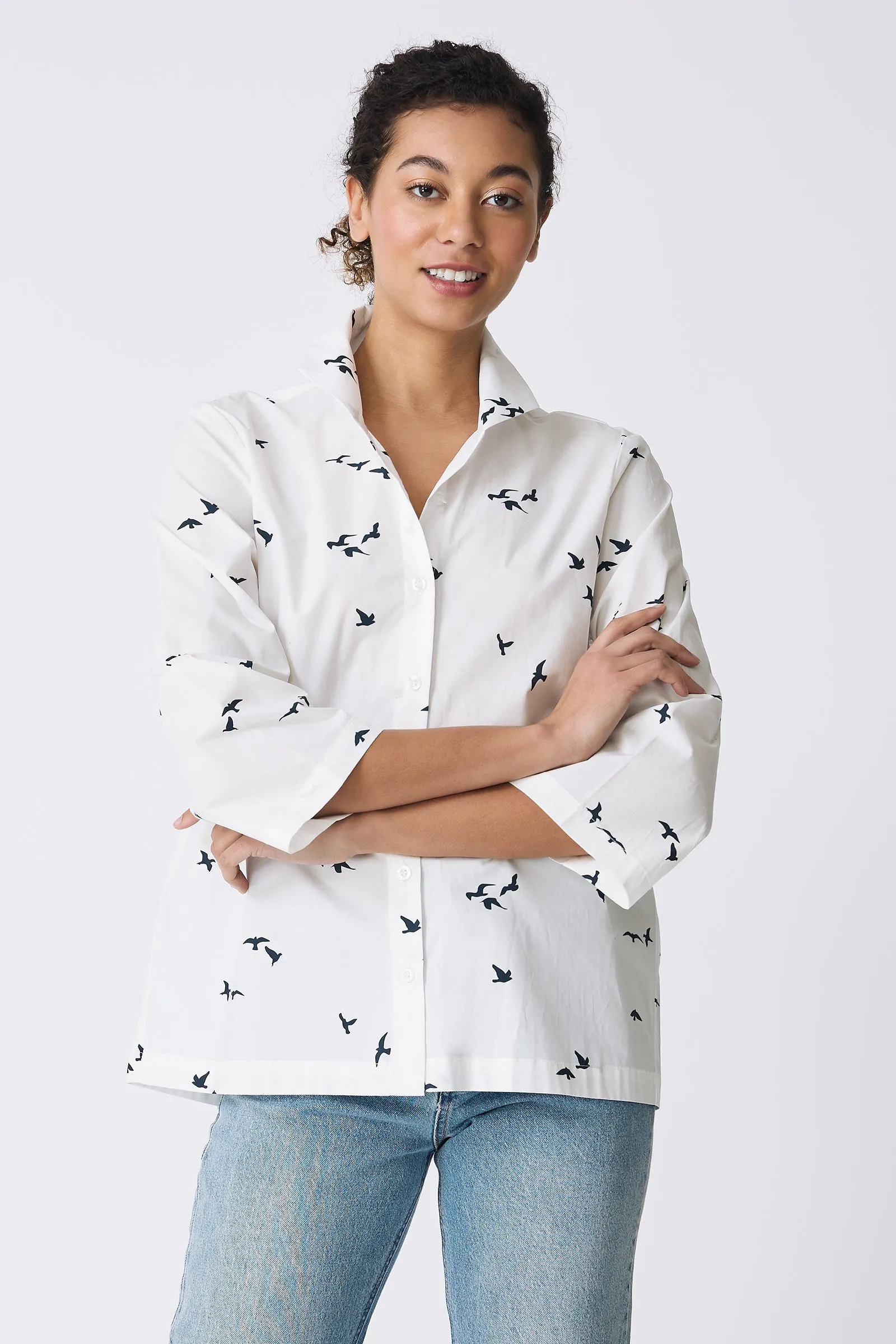 3/4 Sleeve Ginna - Bird Print (White)