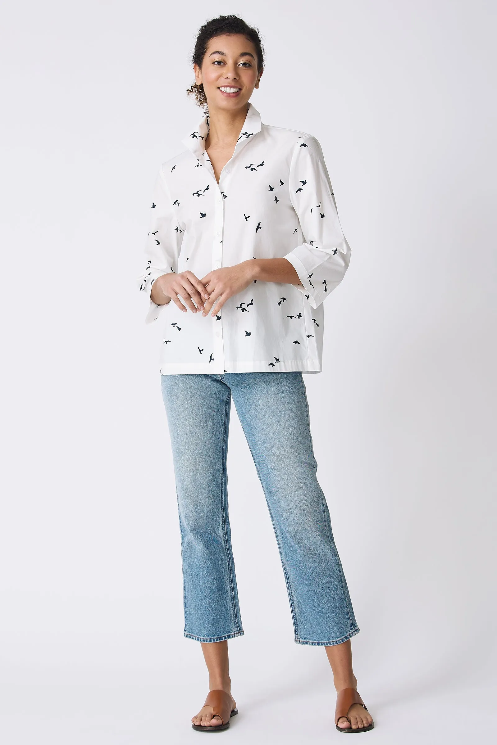 3/4 Sleeve Ginna - Bird Print (White)