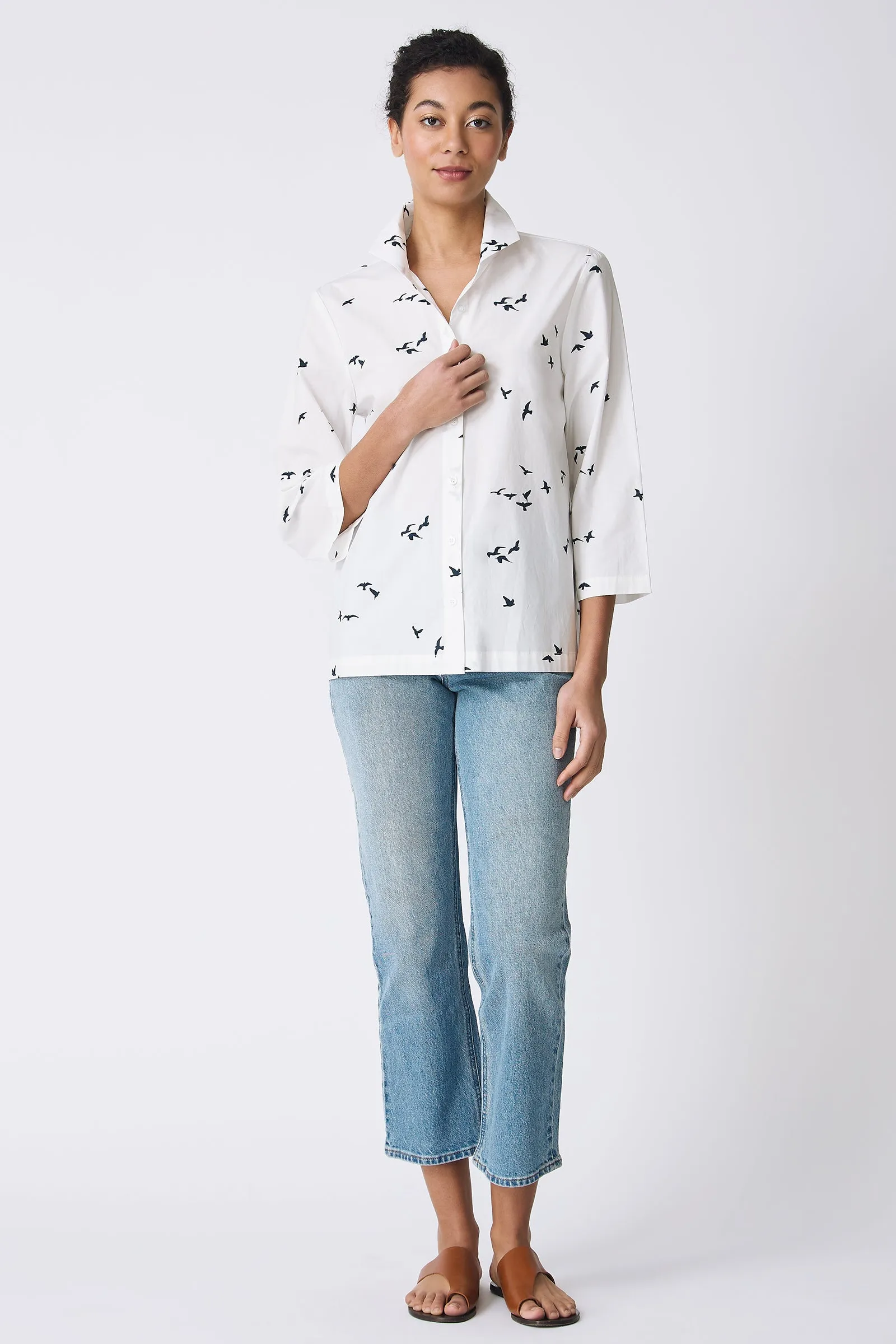 3/4 Sleeve Ginna - Bird Print (White)