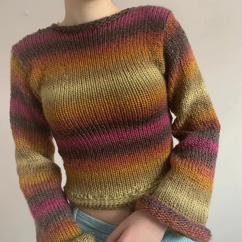 90s Streetwear Color Block Crochet Knit Crop Top – Bold & Trendy