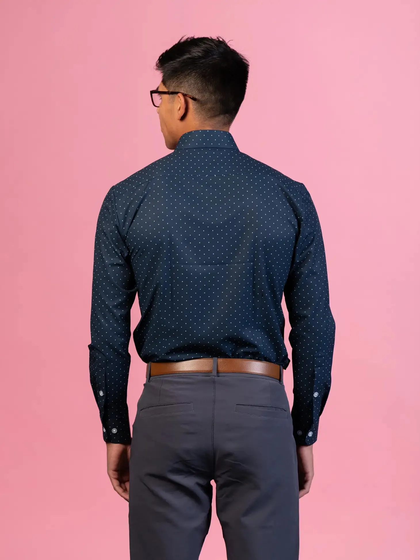 &Collar Navy With White Polka Dot Print Long Sleeve Button Up Shirt With Front Pocket