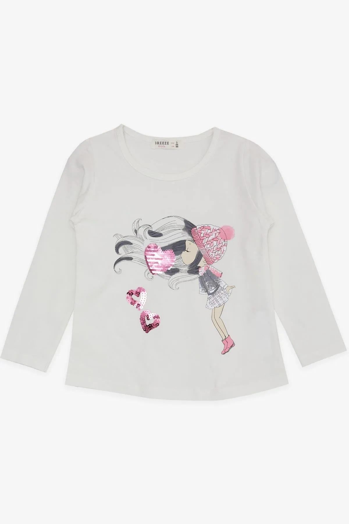 BRE Breeze Girl Child Long Sleeve T-Shirt with Sequined Heart Print, 2-6 Years, Ecru - St. Johns