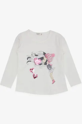 BRE Breeze Girl Child Long Sleeve T-Shirt with Sequined Heart Print, 2-6 Years, Ecru - St. Johns