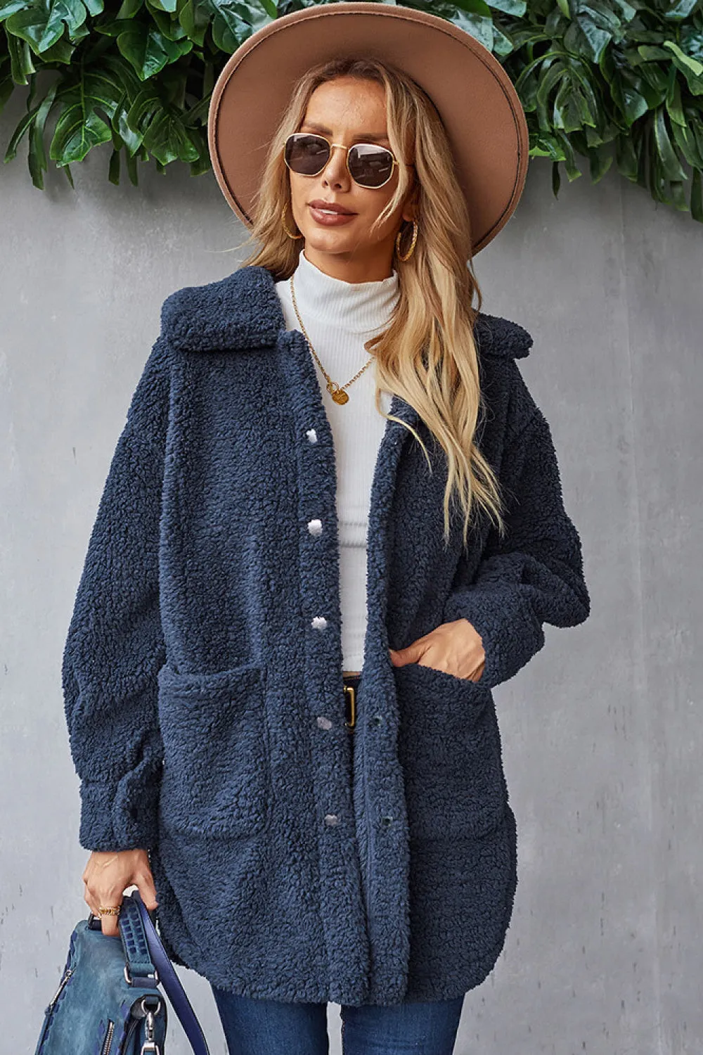 Button Down Pocketed Teddy Coat