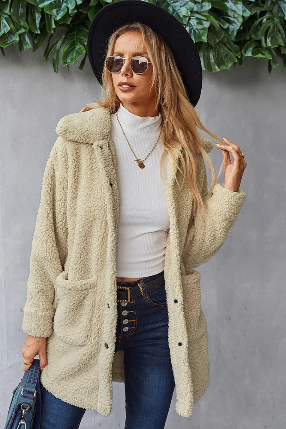 Button Down Pocketed Teddy Coat