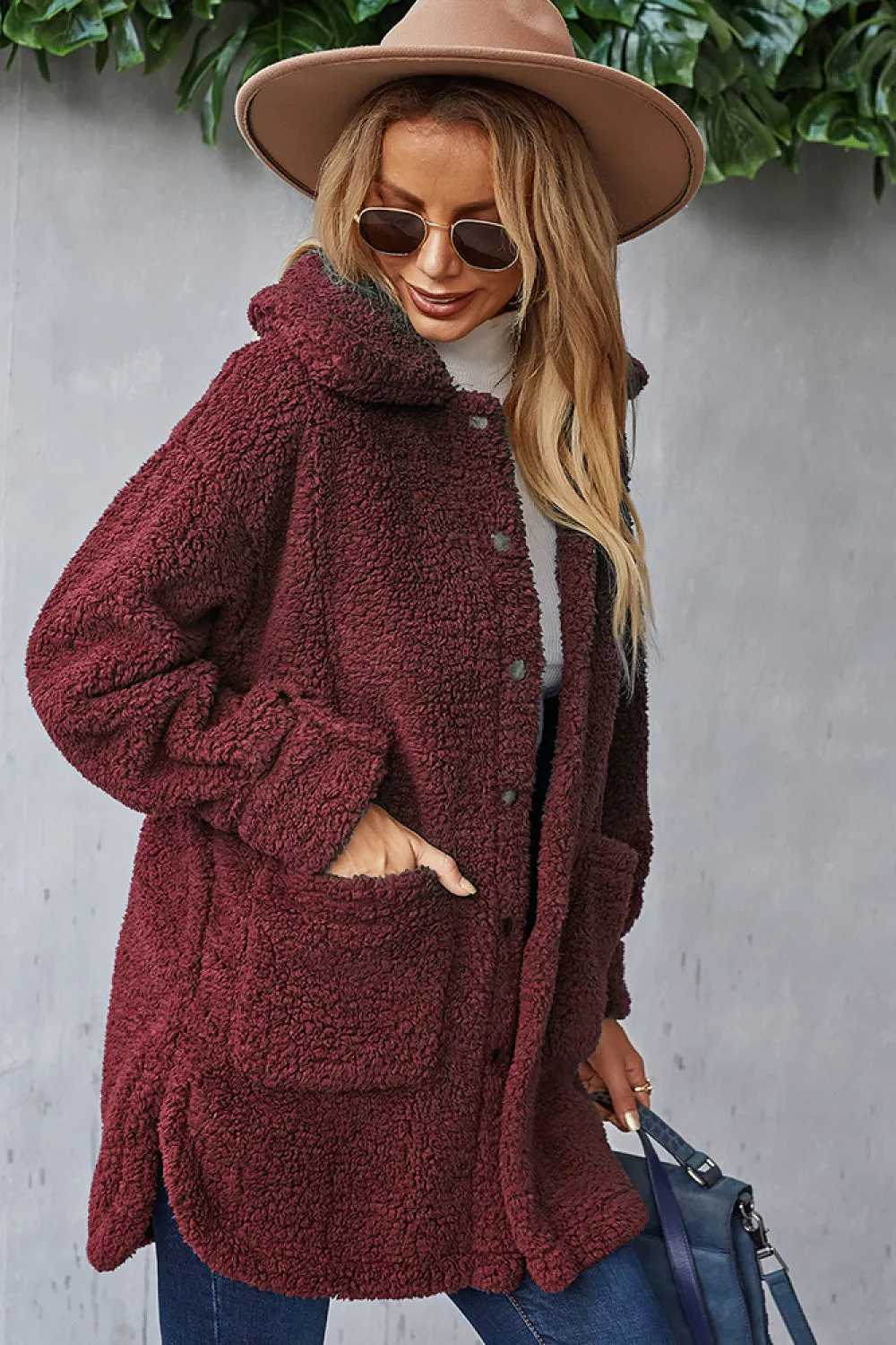 Button Down Pocketed Teddy Coat