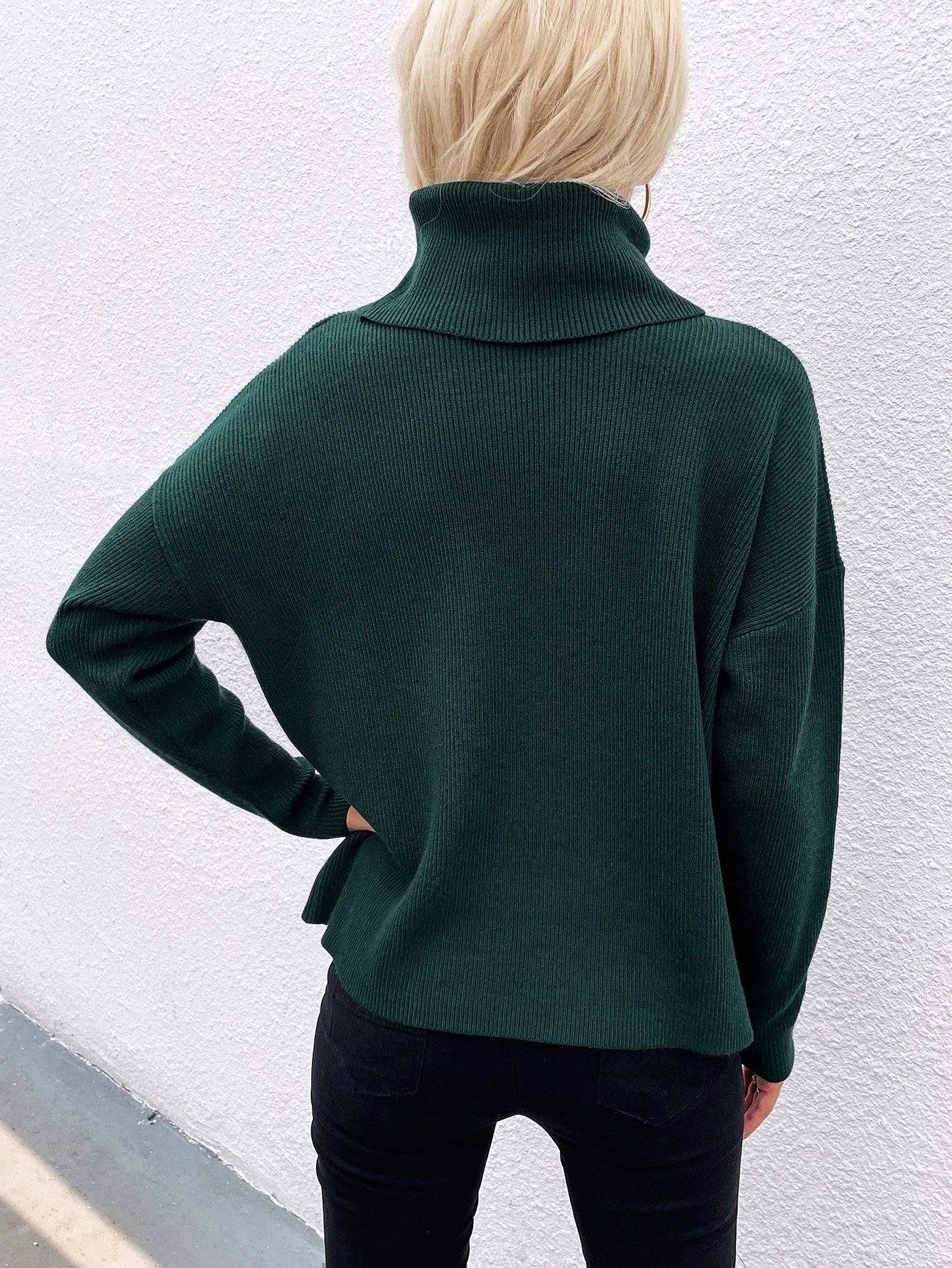 Button Up Rib-Knit Turtleneck Sweater