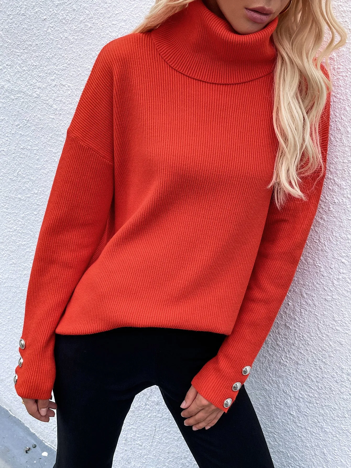 Button Up Rib-Knit Turtleneck Sweater