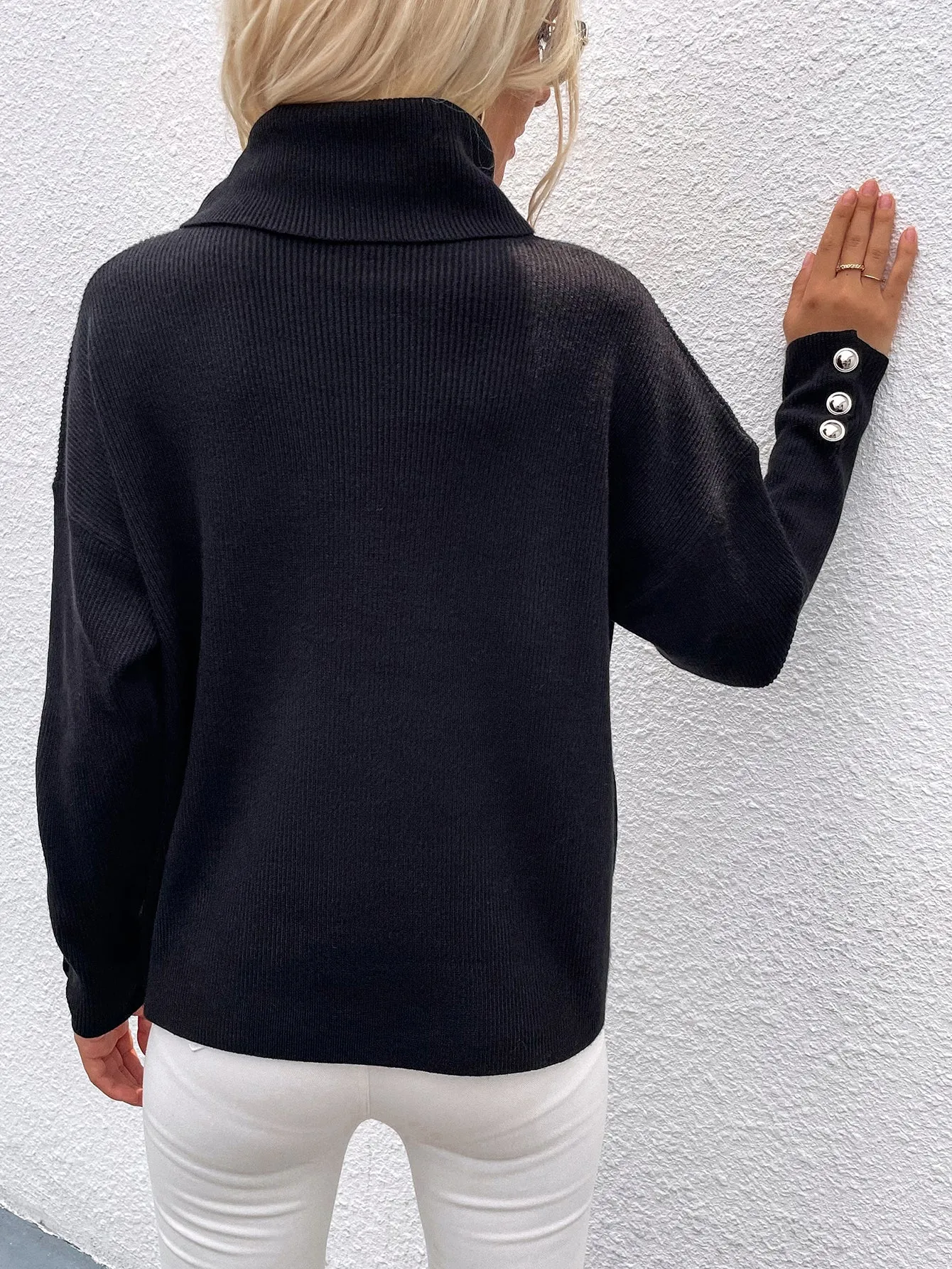 Button Up Rib-Knit Turtleneck Sweater