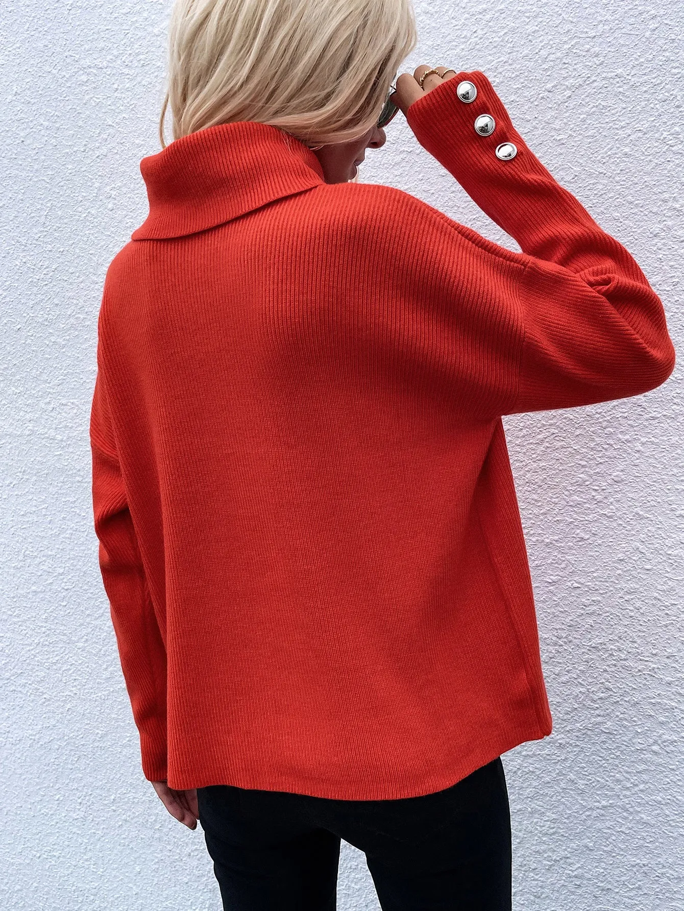 Button Up Rib-Knit Turtleneck Sweater