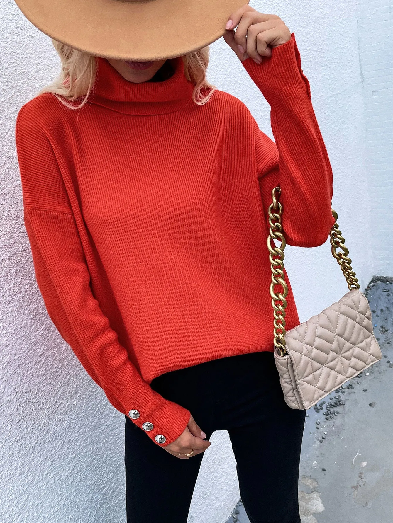 Button Up Rib-Knit Turtleneck Sweater