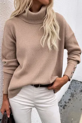 Button Up Rib-Knit Turtleneck Sweater