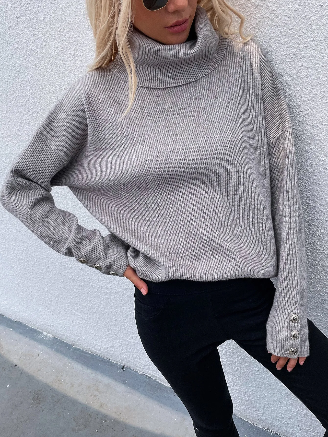 Button Up Rib-Knit Turtleneck Sweater