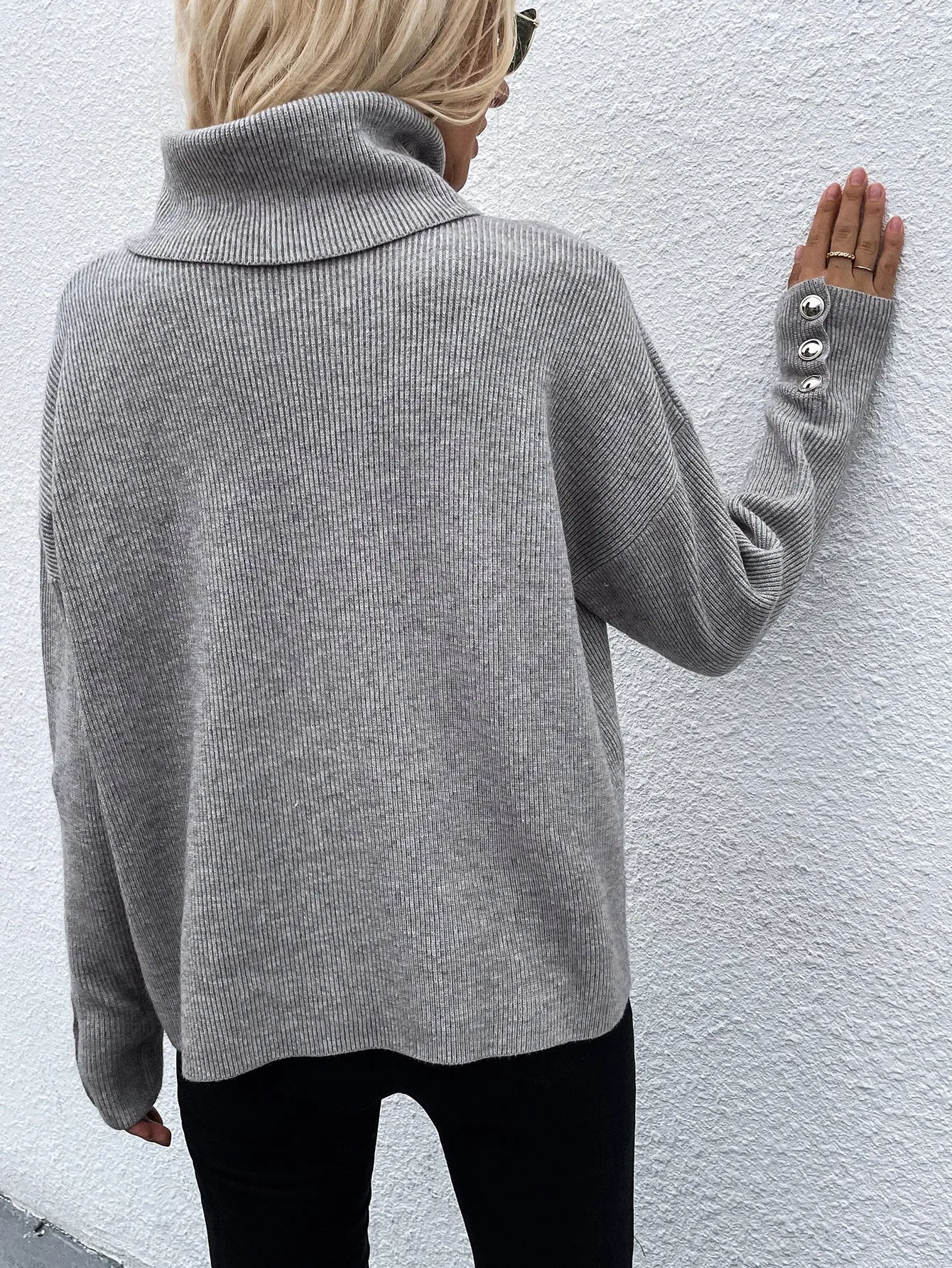 Button Up Rib-Knit Turtleneck Sweater