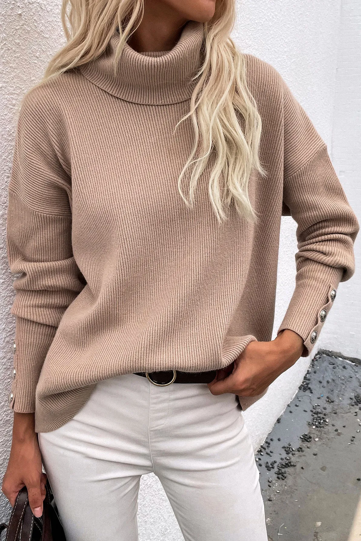 Button Up Rib-Knit Turtleneck Sweater
