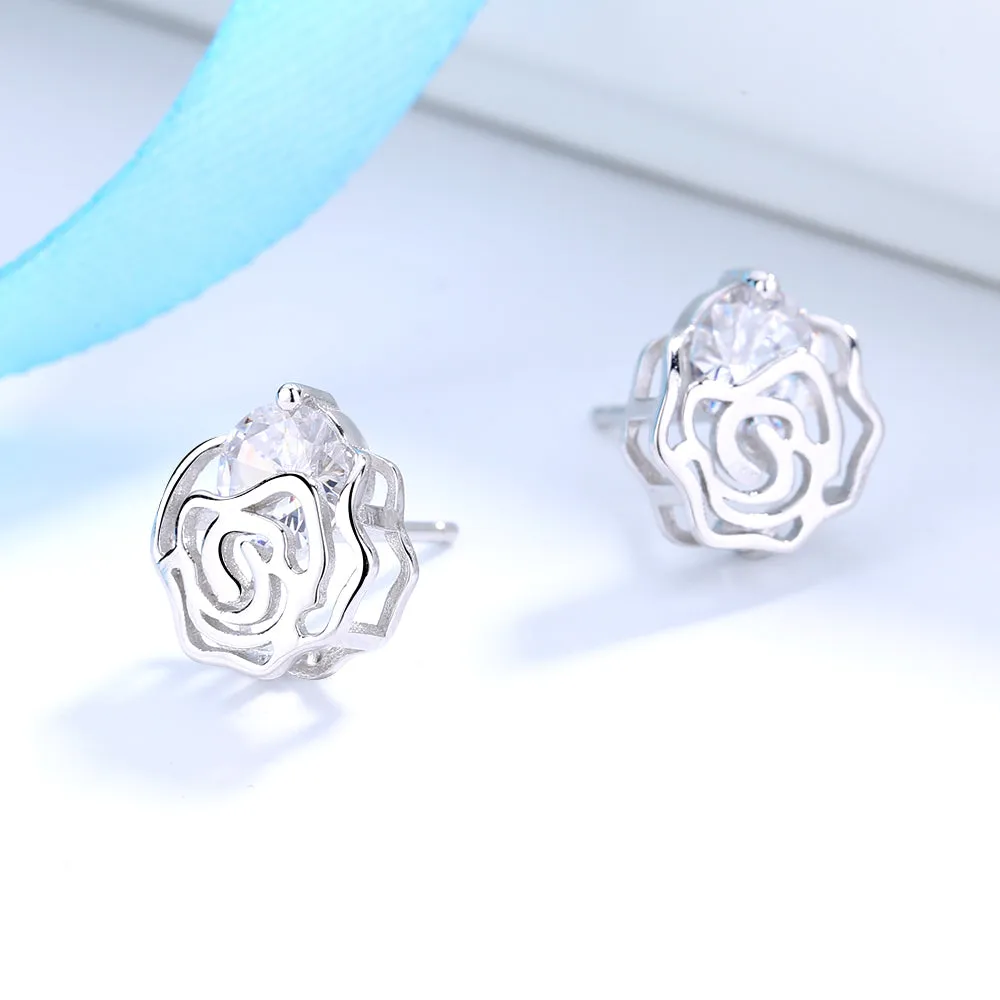Caged Rose Stud Earrings with Floating Crystals