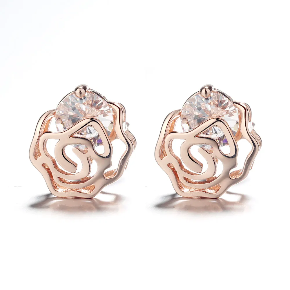 Caged Rose Stud Earrings with Floating Crystals