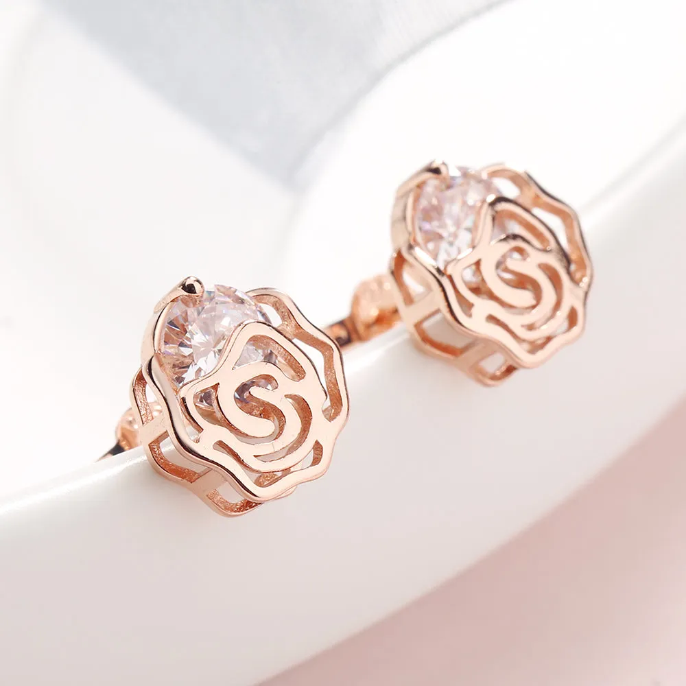 Caged Rose Stud Earrings with Floating Crystals
