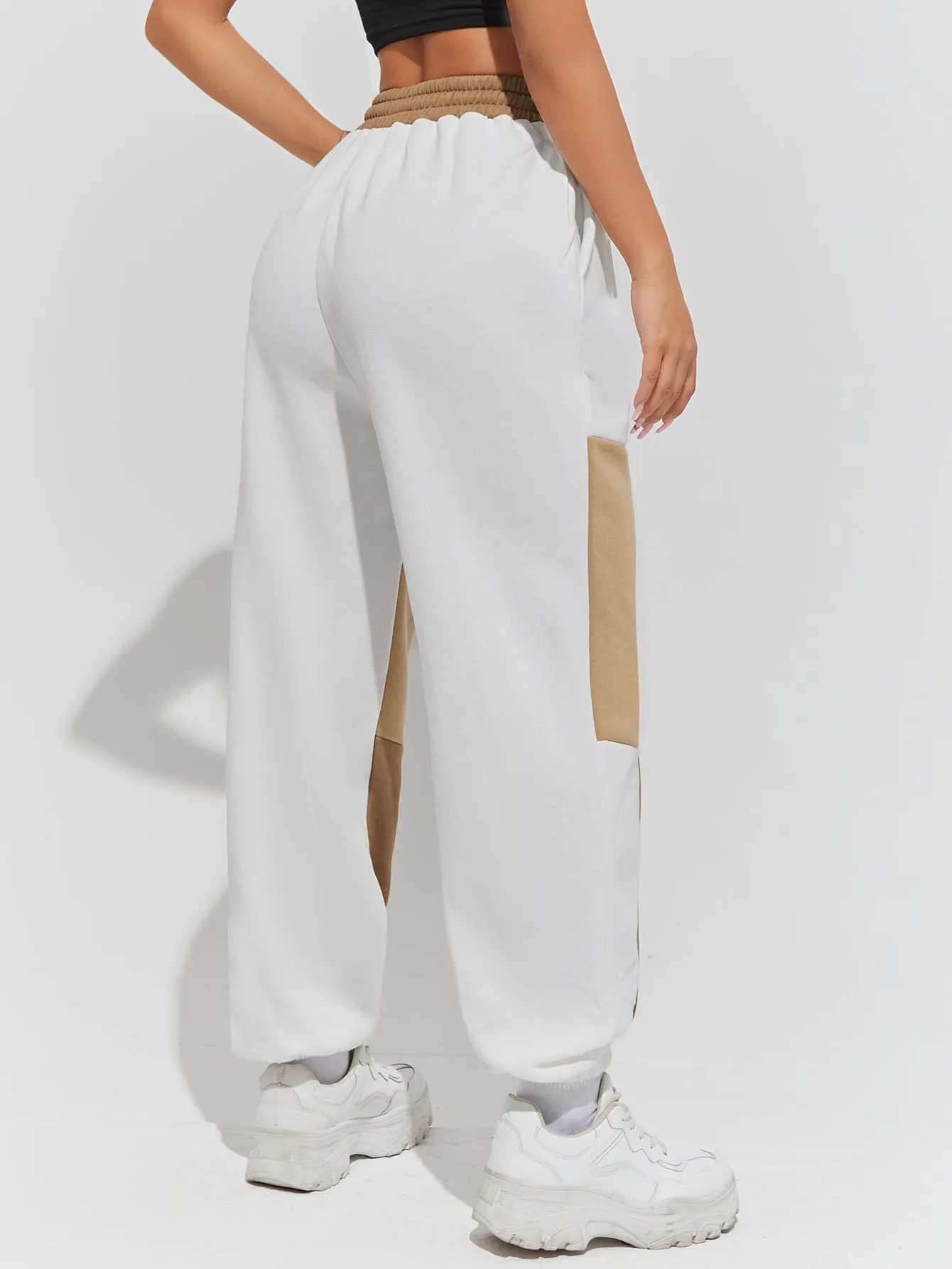 Colorblock Drawstring Natural Long Women Sweatpants