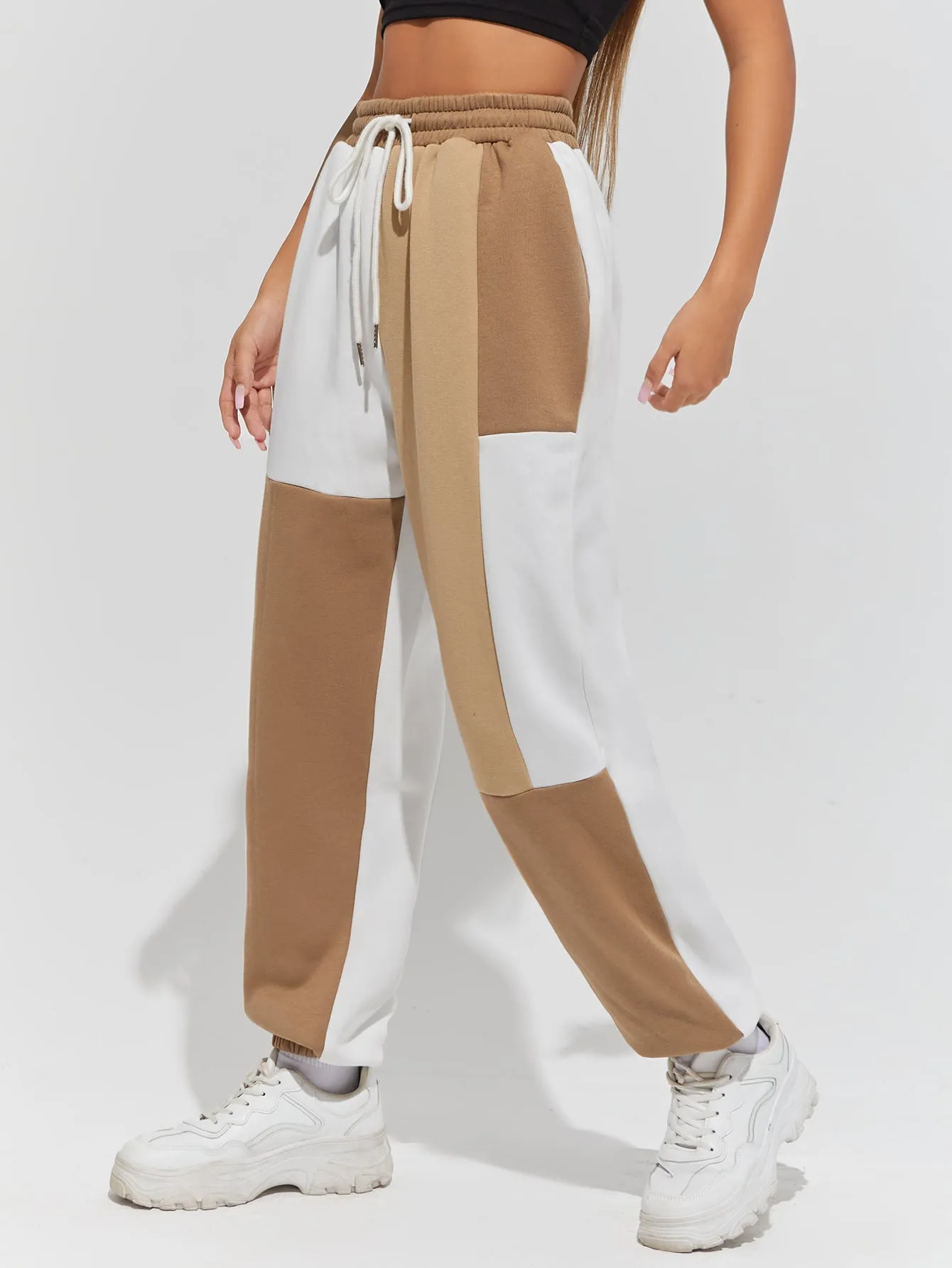 Colorblock Drawstring Natural Long Women Sweatpants