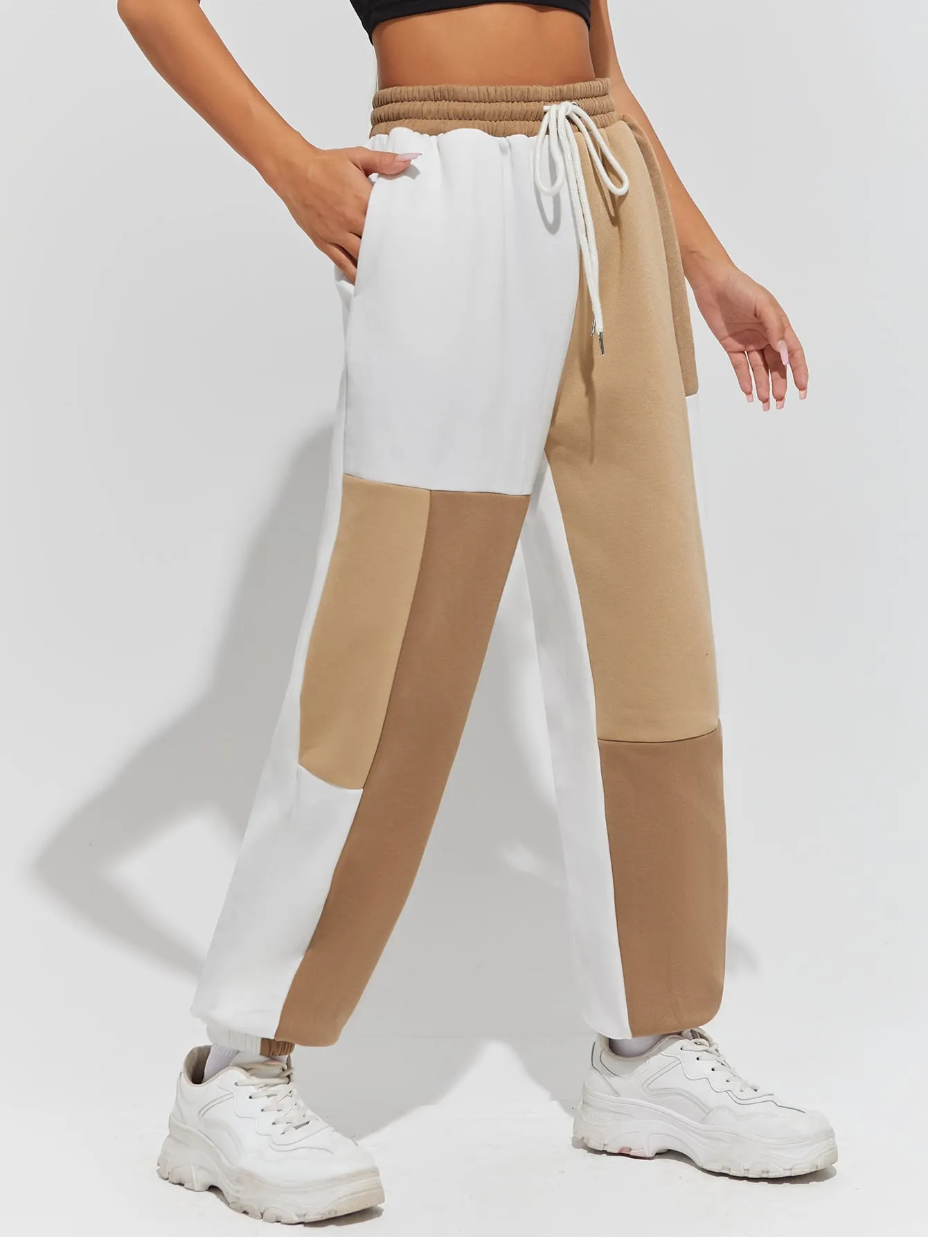 Colorblock Drawstring Natural Long Women Sweatpants