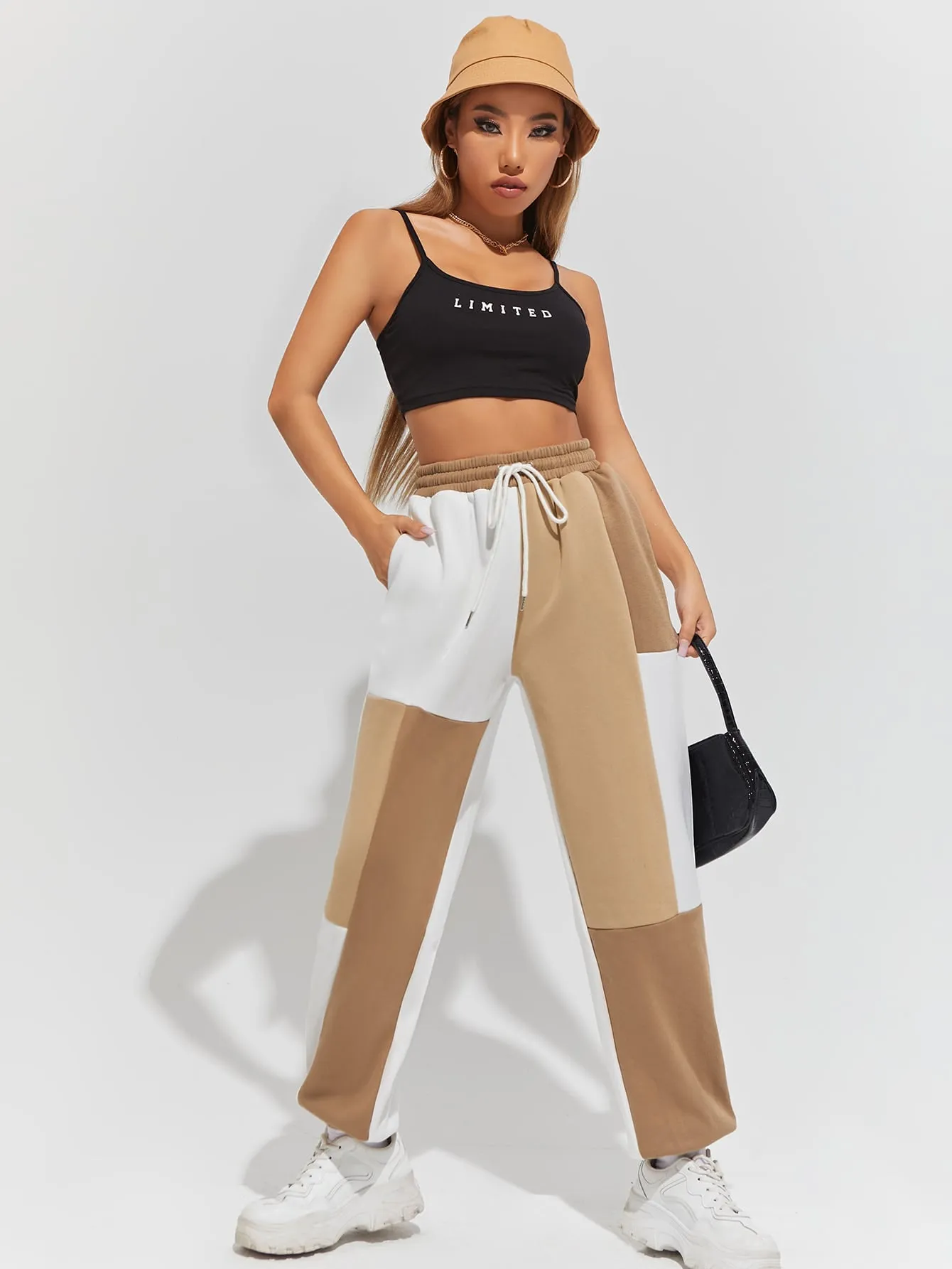 Colorblock Drawstring Natural Long Women Sweatpants