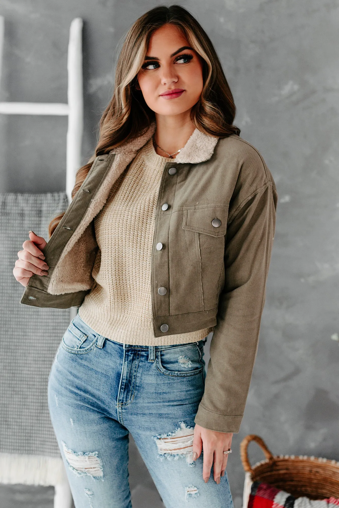 Corduroy Cutie Cropped Sherpa Lined Corduroy Jacket (Olive)