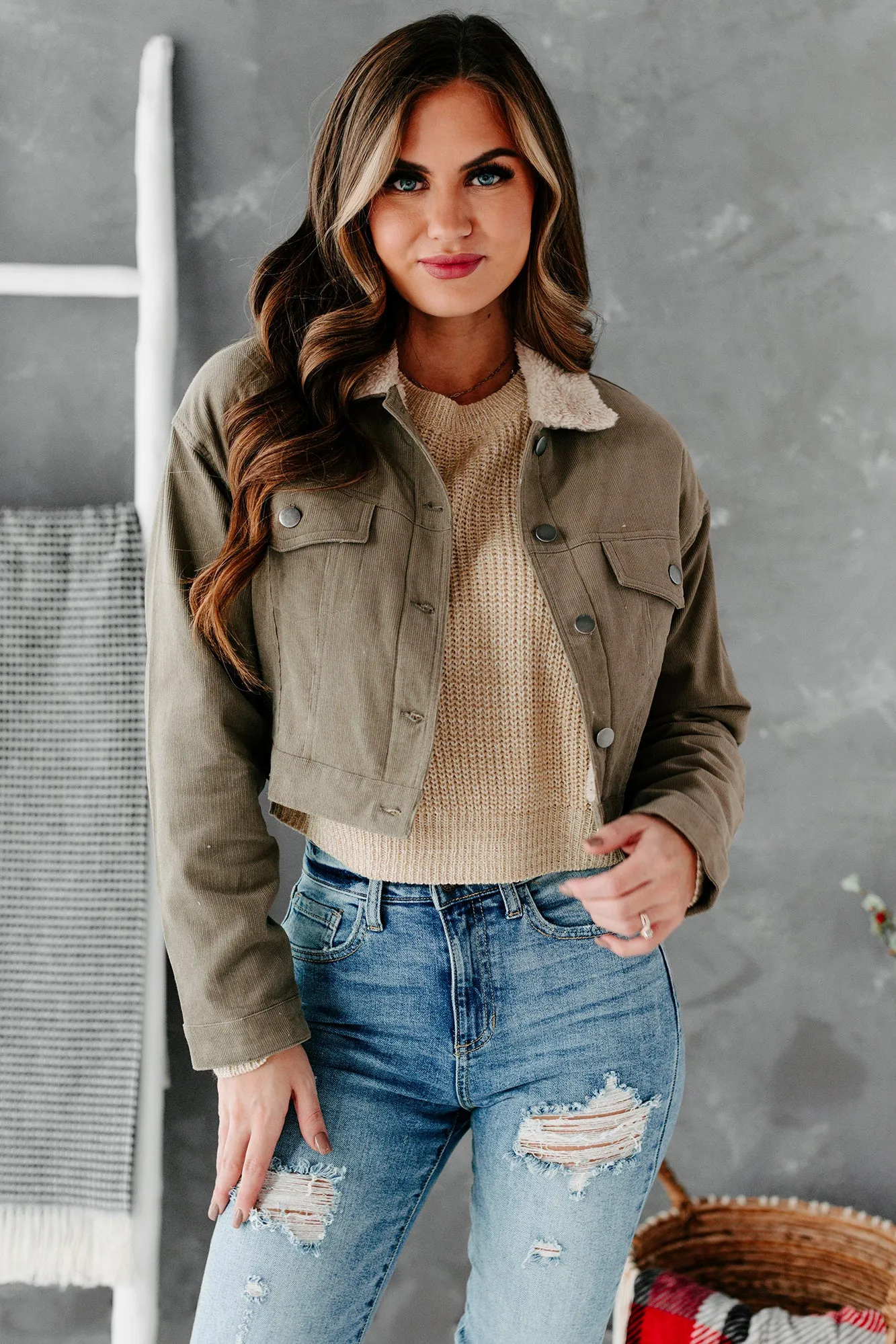 Corduroy Cutie Cropped Sherpa Lined Corduroy Jacket (Olive)