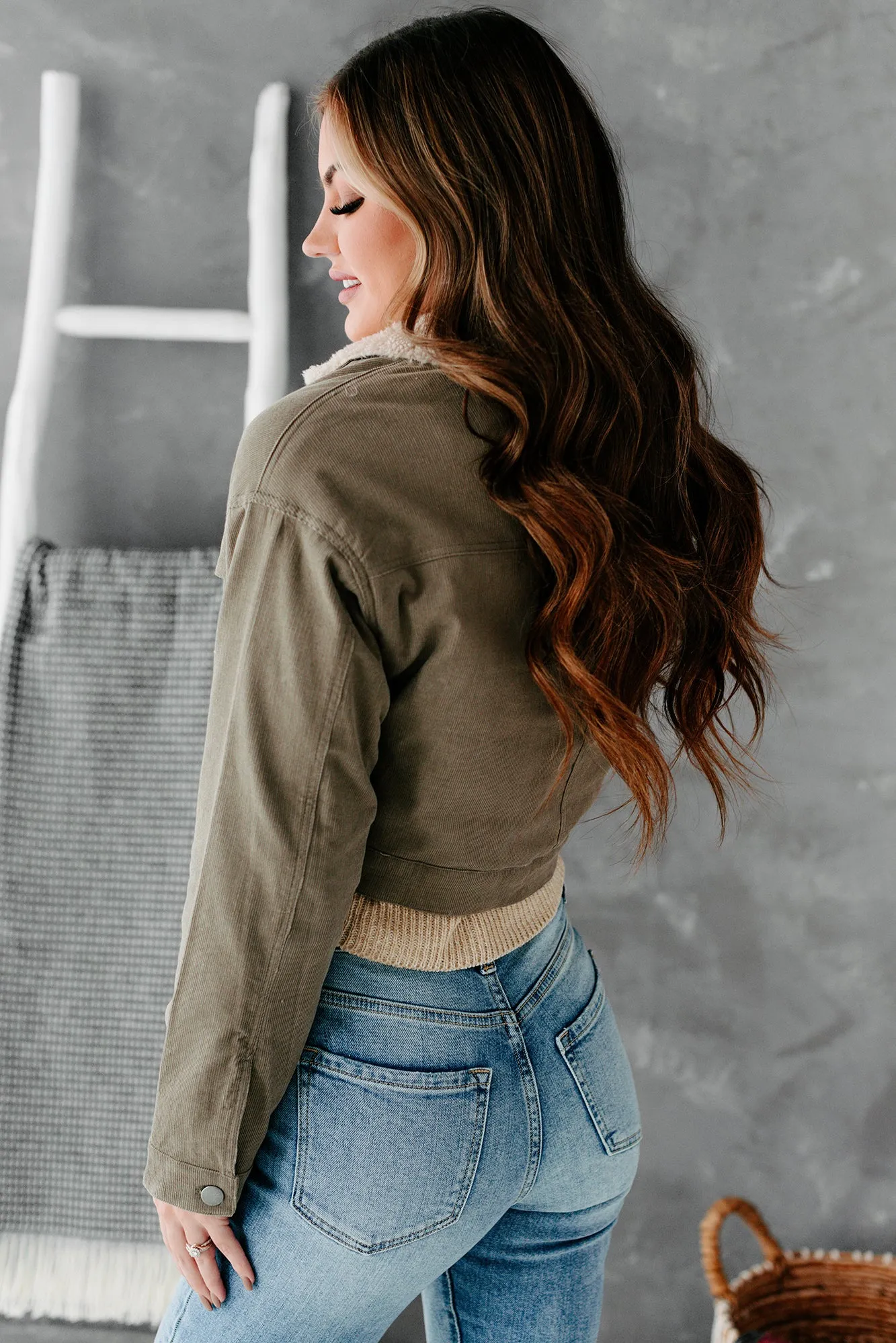 Corduroy Cutie Cropped Sherpa Lined Corduroy Jacket (Olive)