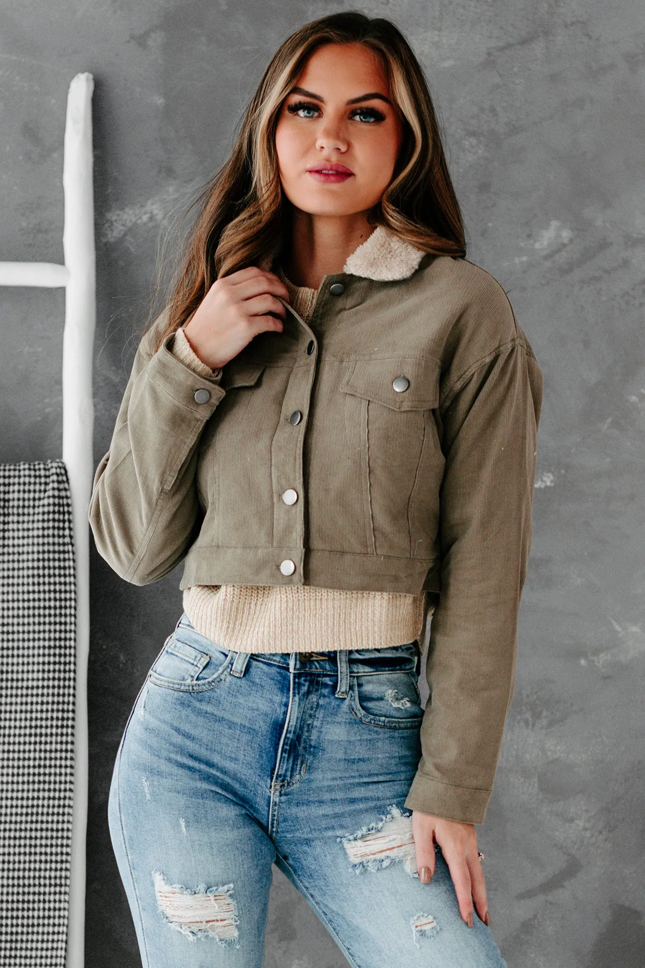 Corduroy Cutie Cropped Sherpa Lined Corduroy Jacket (Olive)