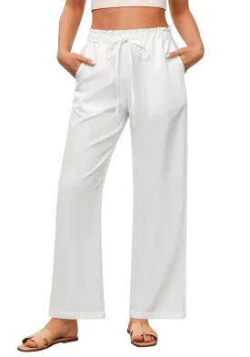 Cream White Women's Comfortable Cool-Touch Drawstring Full-Length Lightweight Wide Leg Trousers