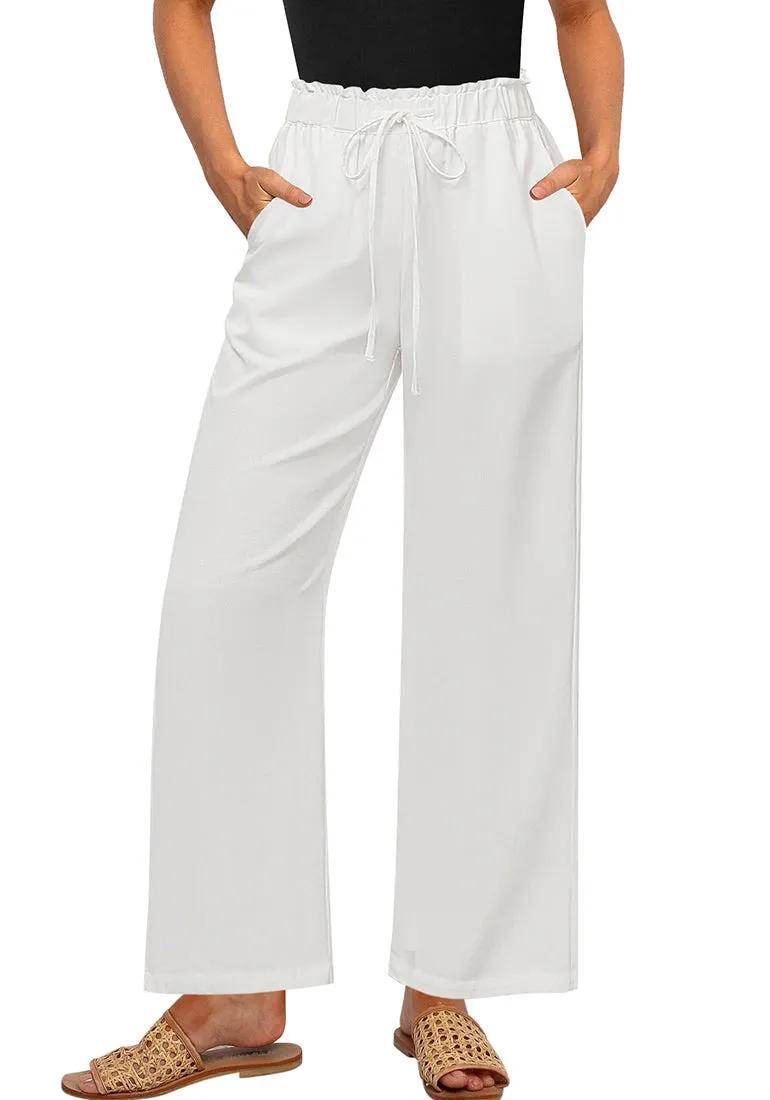 Cream White Women's Comfortable Cool-Touch Drawstring Full-Length Lightweight Wide Leg Trousers