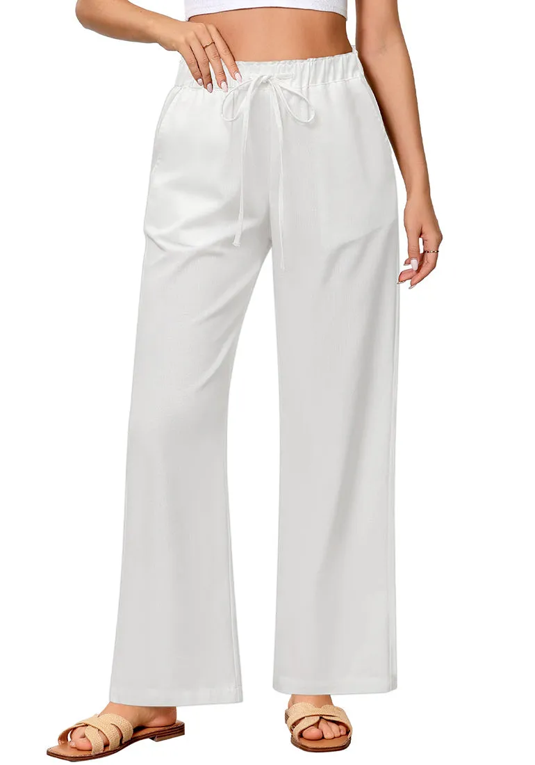 Cream White Women's Comfortable Cool-Touch Drawstring Full-Length Lightweight Wide Leg Trousers