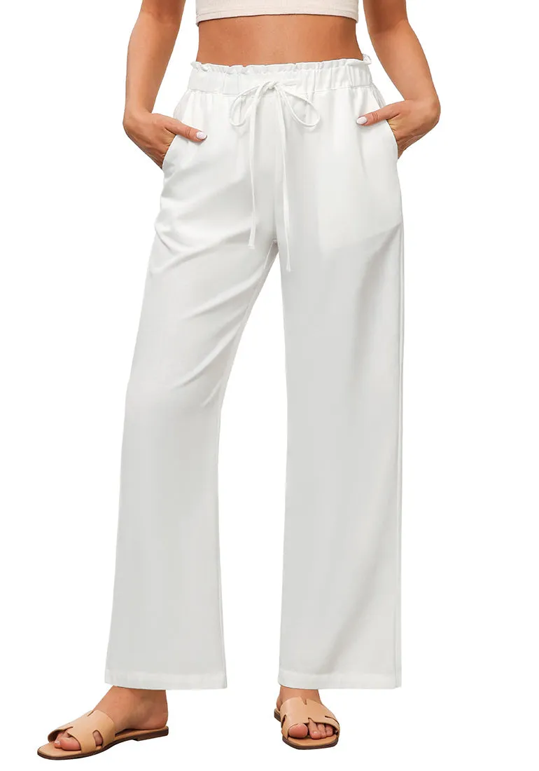 Cream White Women's Comfortable Cool-Touch Drawstring Full-Length Lightweight Wide Leg Trousers
