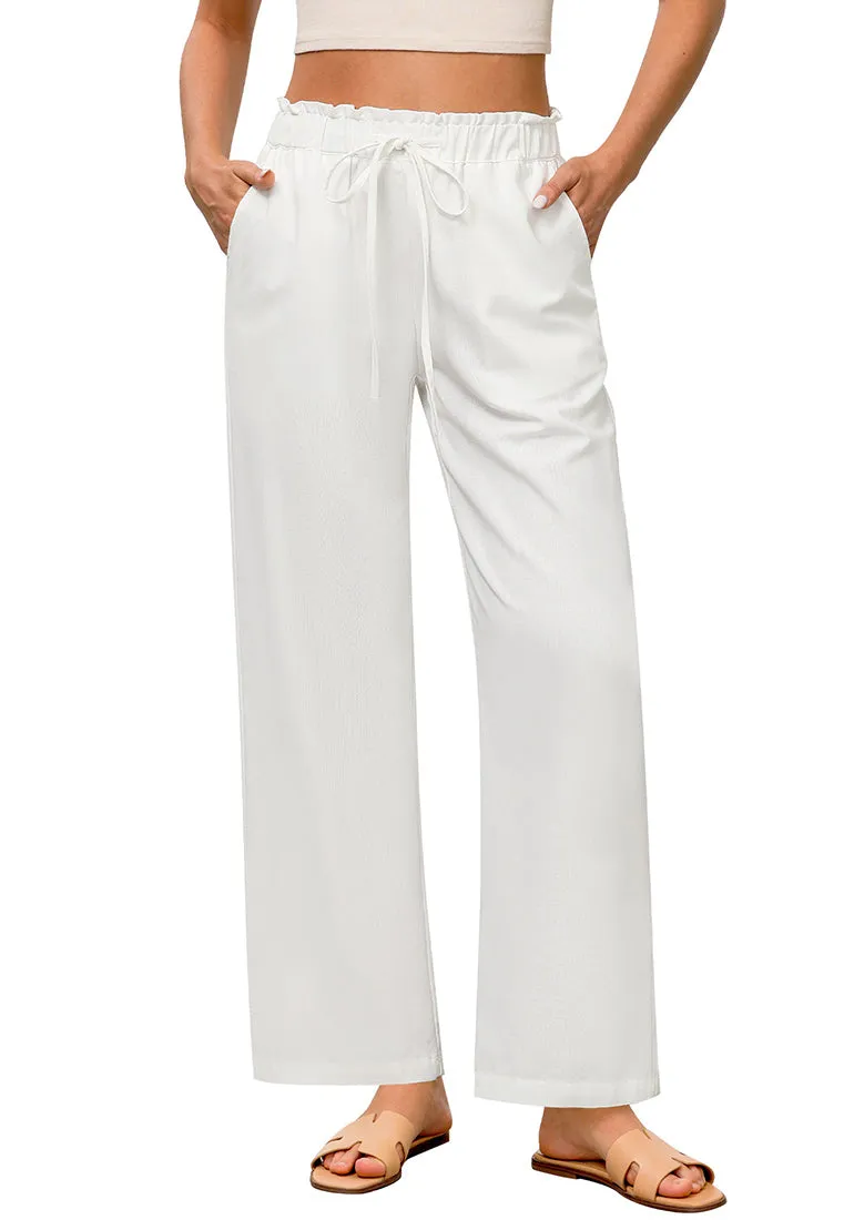 Cream White Women's Comfortable Cool-Touch Drawstring Full-Length Lightweight Wide Leg Trousers