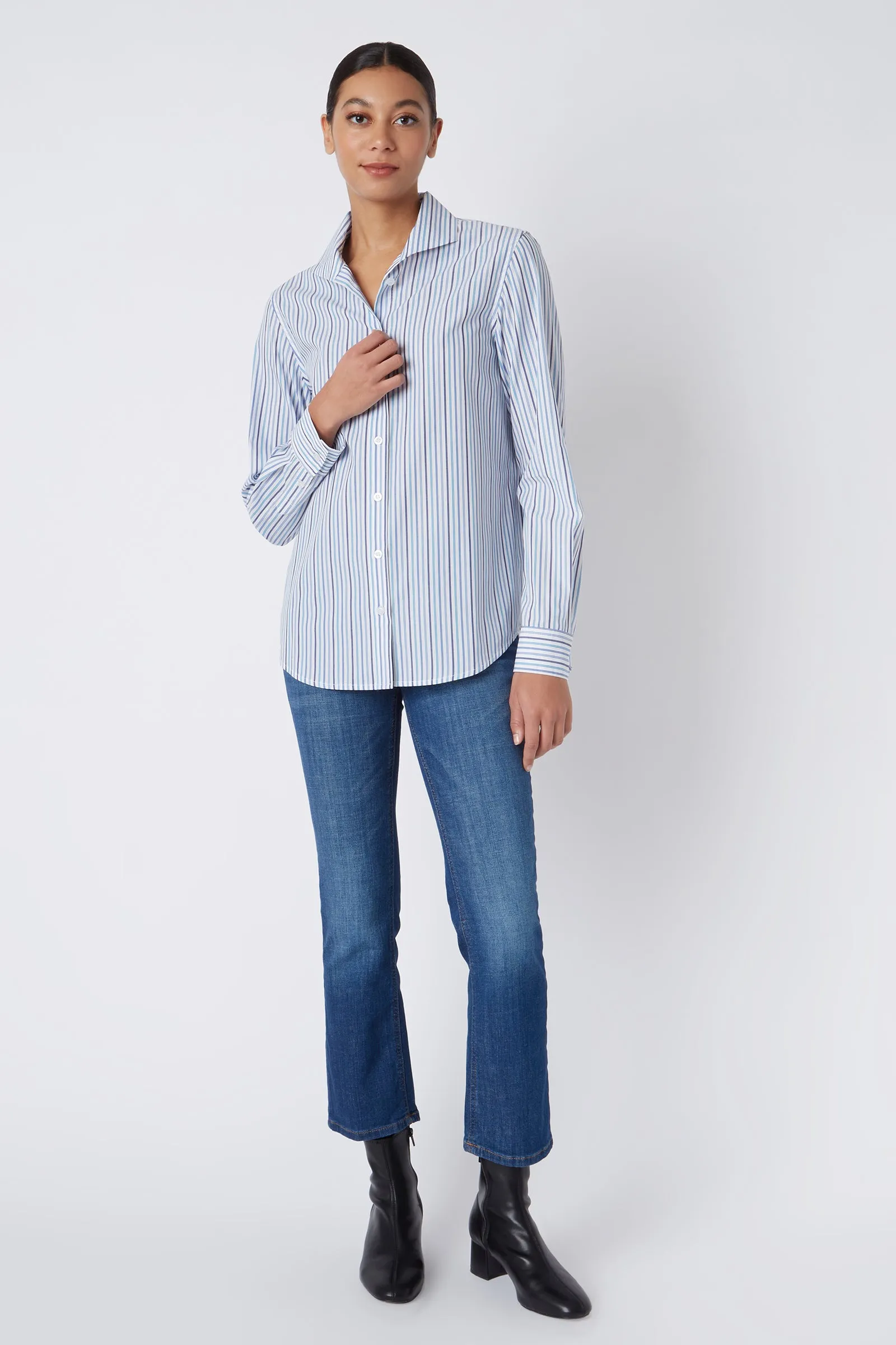 Ginna Box Pleat Shirt - Multi Stripe Navy