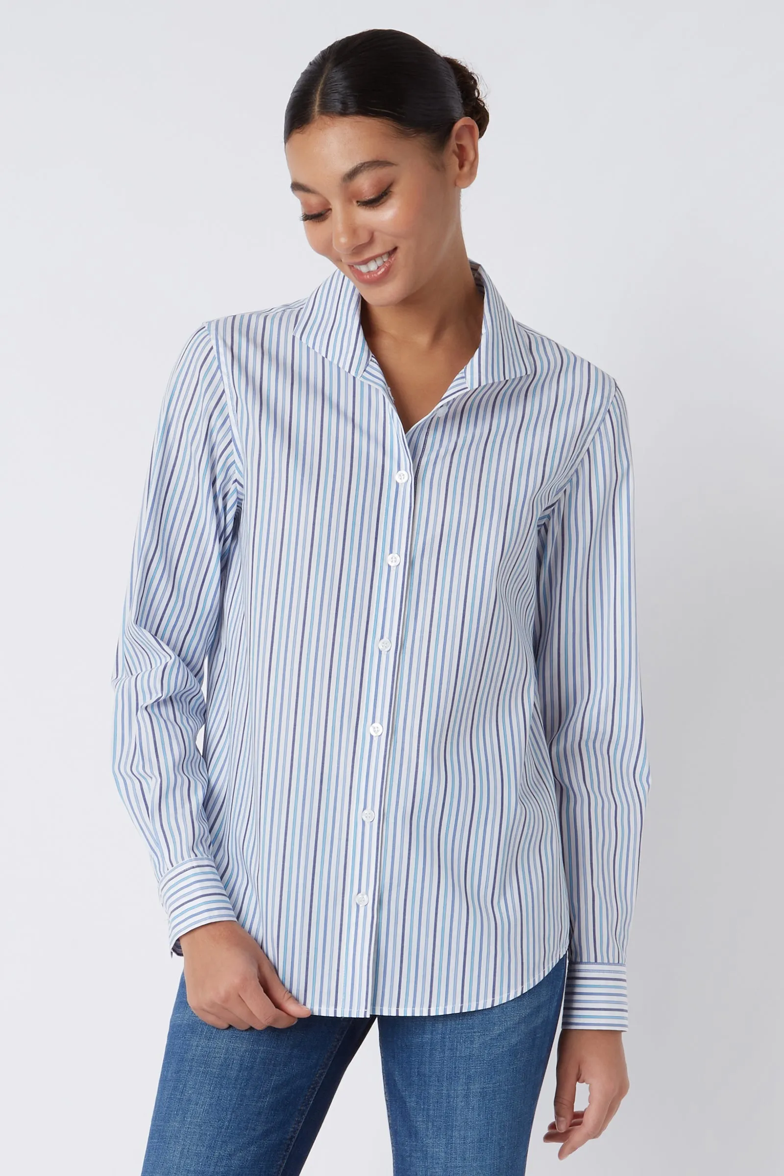 Ginna Box Pleat Shirt - Multi Stripe Navy